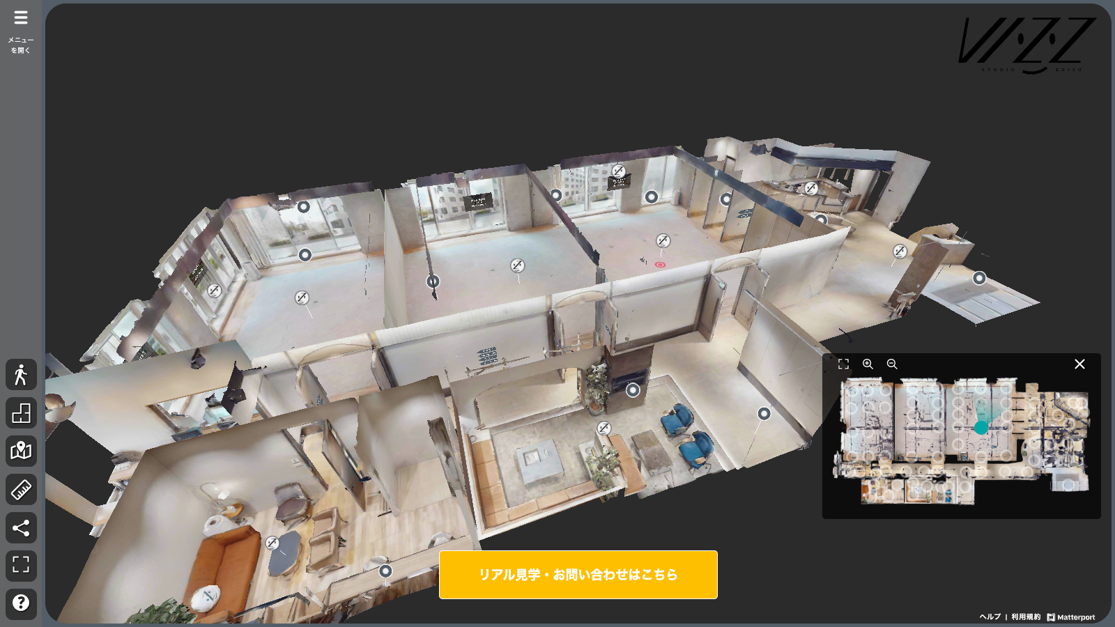 俯瞰で見ることで、スタジオ前のホワイエ空間とスタジオ1-3までの全体像を一目で理解することができます。